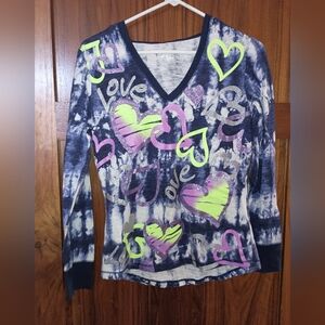 Justice Navy Tie-Dye V-Neck Long Sleeve Top with Neon Pink & Neon Green Hearts